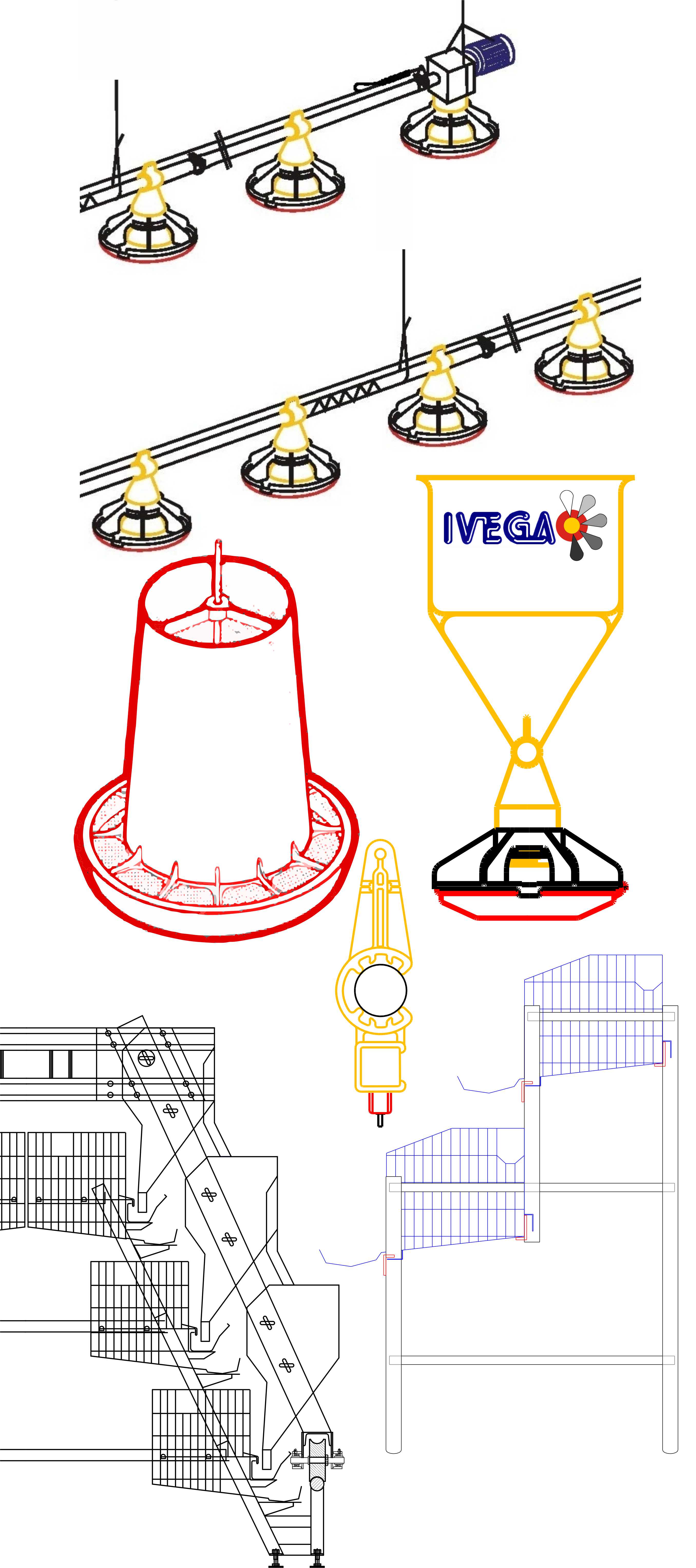 Esquema técnico de jaulas y comederos